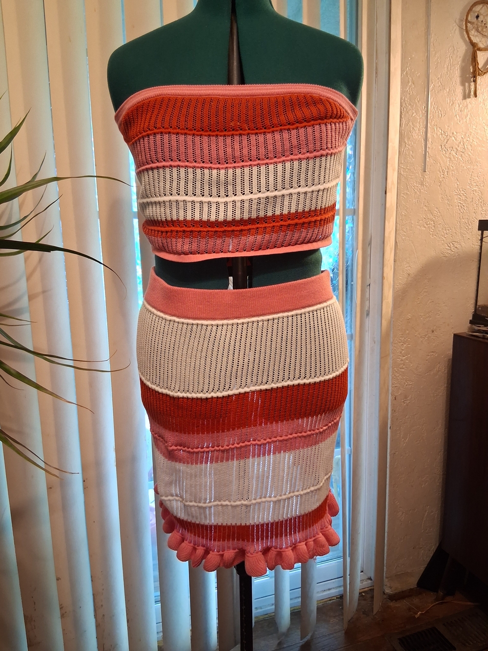 SHEIN White, Coral & Pink Striped Knit Set